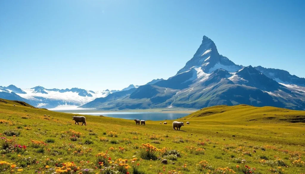 A picturesque alpine landscape with the majestic Finsteraarhorn peak rising against a clear, azure sky. The foreground features a lush meadow blanketed in vibrant wildflowers, dotted with grazing sheep. In the middle ground, a pristine glacial lake reflects the towering mountain and its surrounding snow-capped peaks. Soft, diffused sunlight bathes the scene, casting long shadows and creating a warm, inviting atmosphere. The image conveys the tranquility and natural beauty of the Swiss Alps, highlighting the best time to visit Finsteraarhorn when the weather is mild and the scenery is at its most breathtaking.