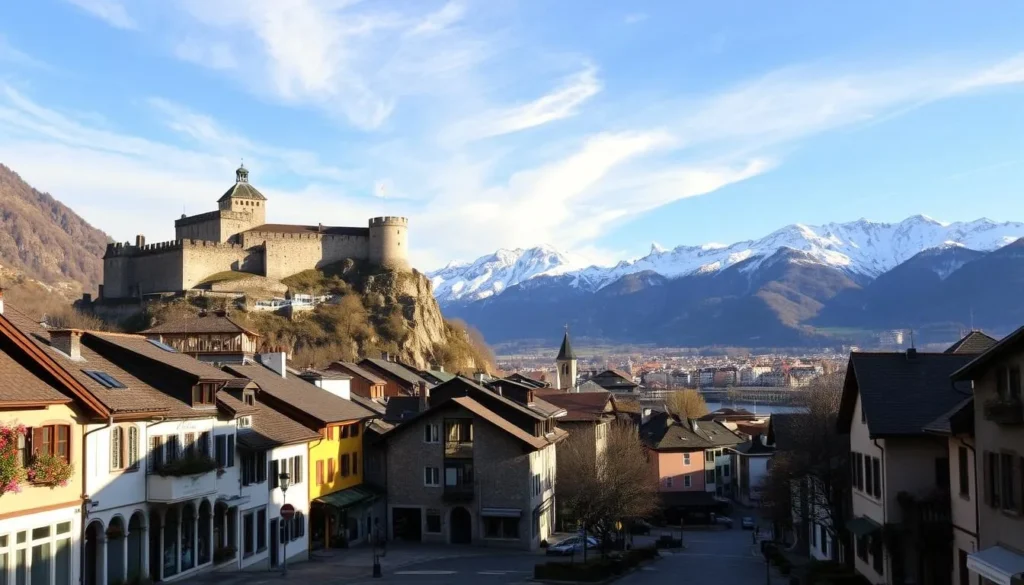 A picturesque alpine town nestled in the Swiss Alps, Sion Switzerland on a sunny spring day. In the foreground, quaint cobblestone streets lined with historic buildings and blooming floral displays. The middle ground features the dramatic Tourbillon and Valère fortresses perched atop dramatic cliffs, their ancient stone walls casting long shadows. In the distance, the snow-capped peaks of the Pennine Alps rise majestically, their jagged silhouettes reflected in the calm waters of the Rhône River. Warm, golden sunlight filters through wispy clouds, illuminating the scene with a serene, inviting atmosphere. Capture the timeless beauty and picturesque charm of this quintessential Swiss alpine town.