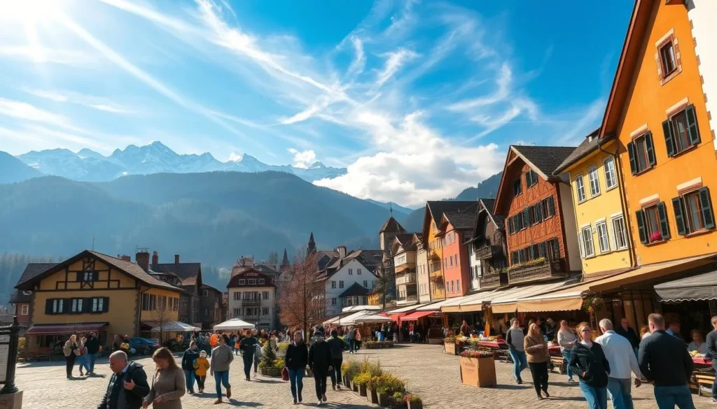 A picturesque alpine town nestled in the heart of the Swiss Alps, Chur showcases its seasonal charm through a vibrant tapestry of activities. In the foreground, locals and visitors alike stroll along the cobblestone streets, browsing quaint shops and savoring local delicacies. The middle ground features a bustling town square, where a lively farmers' market fills the air with the scents of fresh produce and artisanal crafts. Towering in the background, snow-capped peaks pierce the sky, their majestic presence inspiring awe and wonder. Warm sunlight filters through wispy clouds, casting a golden glow over the scene and accentuating the town's historic architecture. This tranquil yet vibrant atmosphere captures the essence of Chur's alluring four-season appeal.