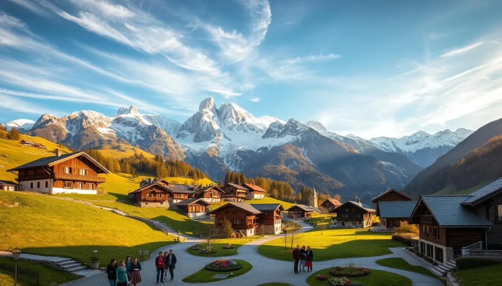 A picturesque alpine village nestled amidst the majestic peaks of the Weisshorn mountain range. Charming chalets with traditional Swiss architecture, their wooden facades and pitched roofs blending seamlessly into the lush, rolling meadows. In the foreground, a quaint town square bustles with locals and visitors, their colorful traditional dress adding vibrant accents to the scene. Meandering cobblestone streets lead past trickling streams and blooming alpine flowers. In the middle ground, the village is framed by towering, snow-capped peaks that reach up to the azure sky, their rugged beauty casting long shadows across the landscape. Warm, golden sunlight filters through wispy clouds, illuminating the entire idyllic setting with a soft, inviting glow.