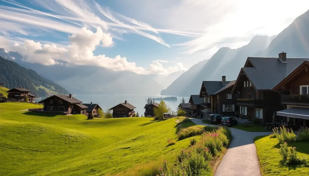 A picturesque alpine village nestled in the Engadin valley, its charming houses adorned with traditional Engadin architecture, featuring ornate wooden facades and gently sloping roofs. Rolling green meadows dotted with wildflowers lead to a crystal-clear lake, its calm waters reflecting the majestic peaks of the Bernina range in the distance. Warm sunlight filters through wispy clouds, casting a soft, golden glow over the peaceful scene. A winding path invites exploration, leading past quaint shops and cozy cafes. This idyllic Engadin village, with its timeless beauty and serene atmosphere, perfectly captures the essence of the Swiss Alps.