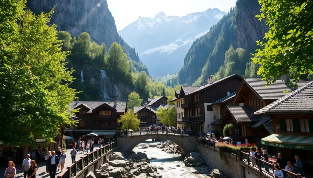 A picturesque alpine village nestled in the dramatic Lauterbrunnen Valley, Switzerland. Quaint wooden chalets with pitched roofs line the narrow streets, surrounded by towering cliffs and cascading waterfalls. Sunlight filters through lush green trees, casting a warm glow over the charming scene. In the foreground, locals and tourists mingle, exploring the charming shops and cafes. The middle ground features a babbling brook and a historic stone bridge, while the majestic Jungfrau mountain range dominates the background. Capture the serene, peaceful atmosphere of this quintessential Swiss alpine town.