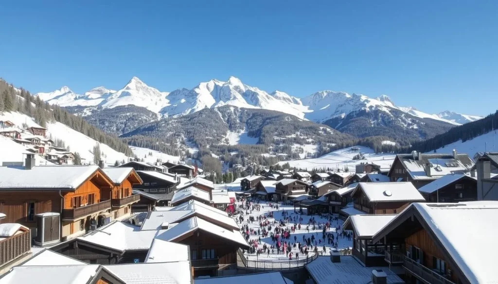 A picturesque alpine village nestled in the heart of the French Alps, Val-d'Isère is a winter wonderland. In the foreground, charming chalets with steep roofs and wooden facades line the streets, their snow-dusted roofs glittering in the sunlight. Ski slopes and pistes wind their way down the surrounding mountains, their pristine white surfaces reflecting the clear blue sky above. In the middle ground, a bustling town square is filled with local residents and visitors alike, enjoying the crisp mountain air and browsing the quaint shops and cafes. In the background, towering peaks rise majestically, their jagged silhouettes creating a dramatic and awe-inspiring backdrop to this alpine paradise.