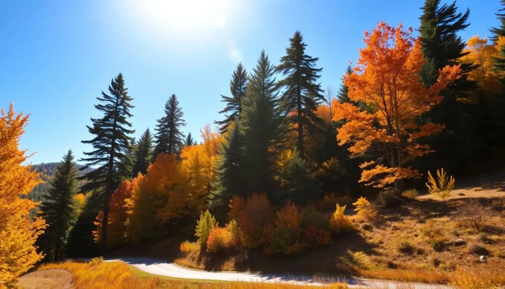 A picturesque autumn landscape in the White Mountains of New Hampshire. Tall, verdant pines stand against a brilliant blue sky, their branches adorned with vibrant foliage in shades of gold, orange, and crimson. In the foreground, a winding country road meanders through a rolling hillside, flanked by a patchwork of deciduous trees ablaze with seasonal hues. Warm, diffused sunlight filters through the canopy, casting a soft, golden glow over the entire scene. The air is crisp and refreshing, hinting at the approaching chill of winter. This serene, pastoral view captures the quintessential beauty of the White Mountains during the stunning autumn months.
