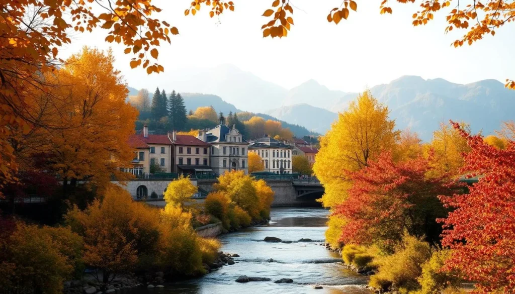 A picturesque autumn scene in Annecy, France, with vibrant foliage lining the banks of the serene Lac d'Annecy. In the foreground, a gently flowing stream reflects the golden and crimson hues of the surrounding trees. In the middle ground, historic buildings with terracotta roofs and stone facades stand amidst the autumnal splendor. The background features the majestic mountains of the French Alps, their peaks dusted with a light layer of snow, creating a stunning contrast against the warm tones of the landscape. Soft, diffused sunlight filters through the leaves, casting a warm, inviting glow over the entire scene. The overall atmosphere is one of tranquility and natural beauty, perfectly capturing the essence of autumn in this picturesque Alpine town.