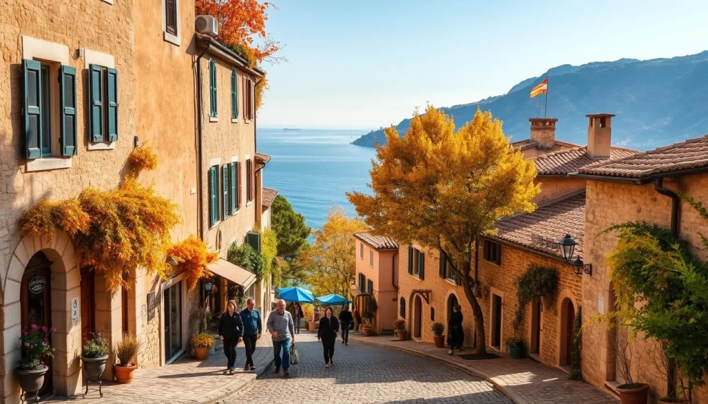 A picturesque autumn scene in the charming village of Èze, France. The cobblestone streets are lined with rustic stone buildings, their facades adorned with vibrant ochre and terracotta hues. Lush, golden-hued foliage cascades from window boxes and balconies, creating a warm, inviting atmosphere. In the distance, the Mediterranean Sea shimmers under a clear, azure sky, complemented by the rugged, sun-dappled hills that surround the village. Pedestrians stroll leisurely, taking in the enchanting sights and scents of the season. The lighting is soft and diffused, casting a gentle, autumnal glow over the entire scene, capturing the essence of fall in this picturesque corner of the French Riviera.