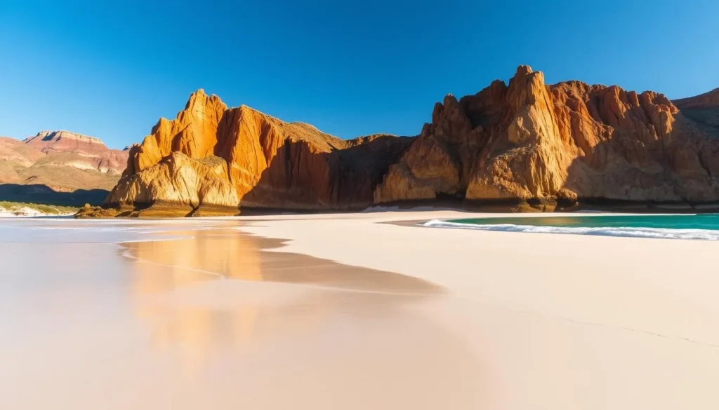 A picturesque beach in Cape Range National Park, Western Australia, bathed in warm, golden sunlight. Soft, white sand stretches out to meet the crystal-clear turquoise waters of the Indian Ocean. In the middle ground, towering ochre-colored cliffs rise up, casting dramatic shadows across the scene. Gentle waves lap at the shore, creating a soothing, calming atmosphere. In the background, the rugged, undulating terrain of the national park is visible, hinting at the vast, untamed wilderness beyond. The overall mood is one of tranquility and natural beauty, perfectly capturing the essence of the top beaches in this stunning coastal region.