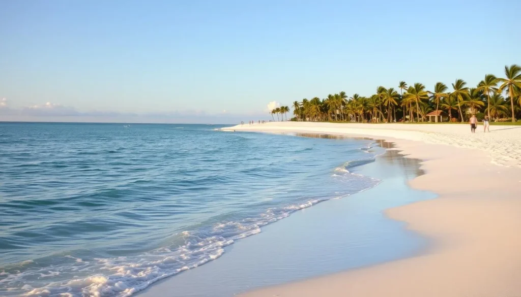 A picturesque beach on Anna Maria Island, Florida. The soft, white sand stretches out before a tranquil, turquoise sea. Gentle waves lap at the shore, casting mesmerizing reflections. In the distance, swaying palm trees sway in the warm, coastal breeze. The scene is bathed in golden, afternoon sunlight, creating a serene and inviting atmosphere. A handful of beachgoers stroll along the water's edge, taking in the island's natural beauty. The overall mood is one of relaxation and contentment, perfectly capturing the charm of this beloved Gulf Coast destination.