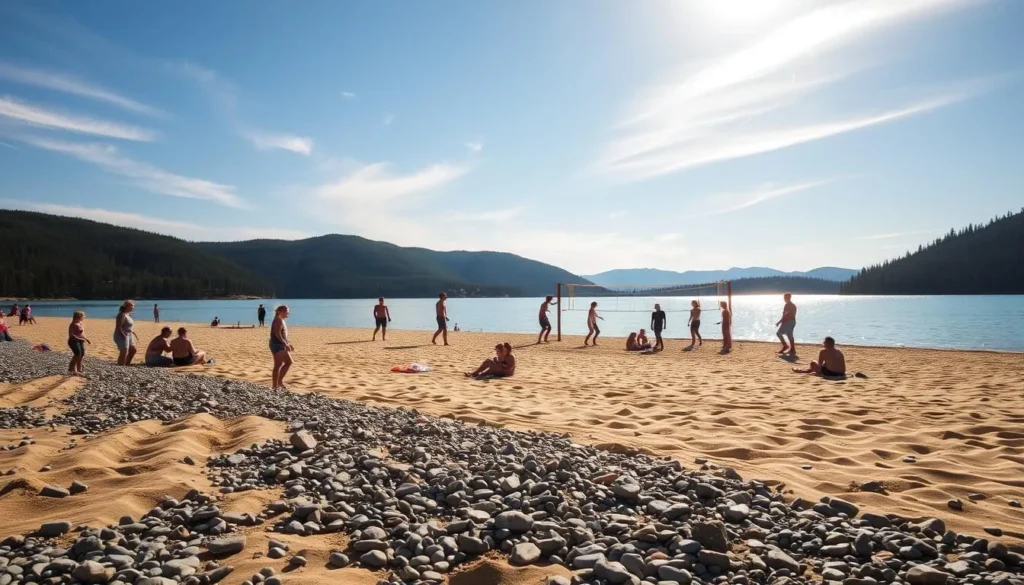 A picturesque beach scene at Georgetown Lake, Montana. In the foreground, sun-kissed sand and pebbles line the shore, with families enjoying the warm waters. In the middle ground, a group of friends play a lively game of volleyball, their laughter echoing across the tranquil lake. In the background, verdant pine-covered hills rise up, creating a serene and picturesque setting. Bright, diffused sunlight filters through wispy clouds, casting a warm glow over the entire scene. The overall mood is one of relaxation, recreation, and connection with nature.