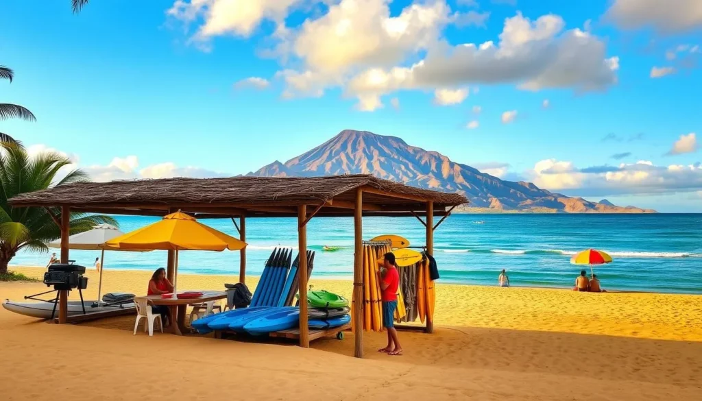 A picturesque beach scene at Mauna Kea, with a well-equipped equipment rental booth in the foreground. The booth is made of natural materials, blending seamlessly with the tropical environment. Beach umbrellas, kayaks, and other gear are neatly displayed, inviting visitors to enjoy the pristine waters and stunning views. The middle ground features a few beachgoers leisurely relaxing on the golden sand, while the background showcases the majestic Mauna Kea volcano in the distance, its peaks bathed in warm, golden light. The overall scene radiates a sense of tranquility and adventure, perfectly capturing the essence of this idyllic Hawaiian beach.