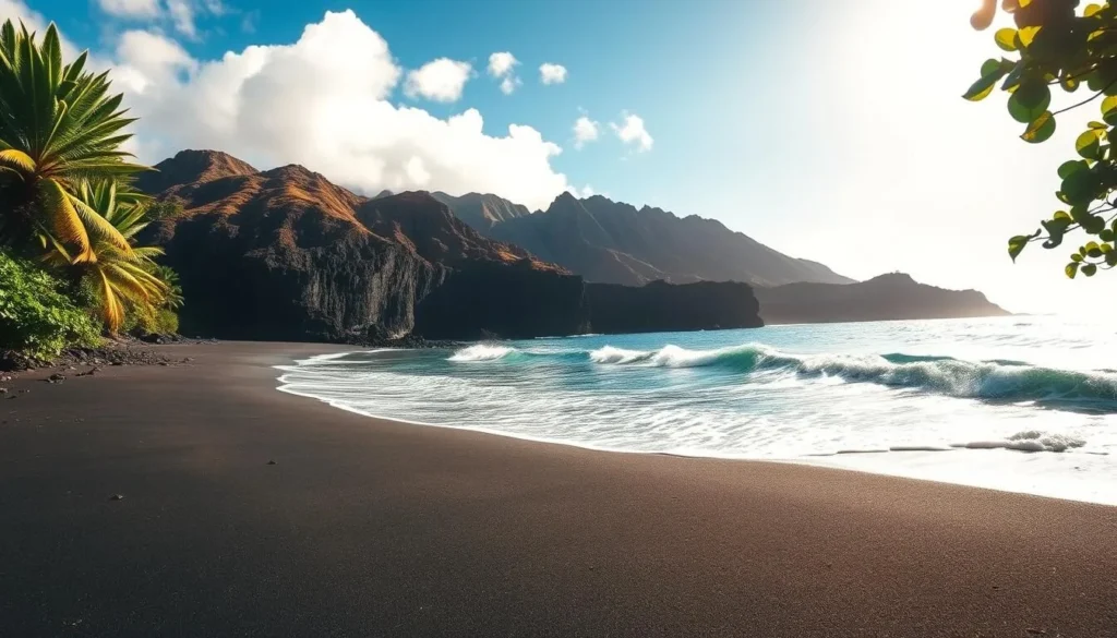 A picturesque black sand beach in Kailua-Kona, Hawaii, under a bright, sun-dappled sky. The fine, charcoal-colored sand stretches out before a backdrop of rugged, volcanic cliffs. Gentle waves lap at the shore, creating a soothing, rhythmic ambiance. Lush, verdant foliage frames the scene, adding a touch of tropical lushness. The lighting is warm and natural, casting a golden glow over the tranquil setting. Capture this serene, island paradise with a wide, panoramic lens to showcase the breathtaking beauty of this unique Hawaiian beach.