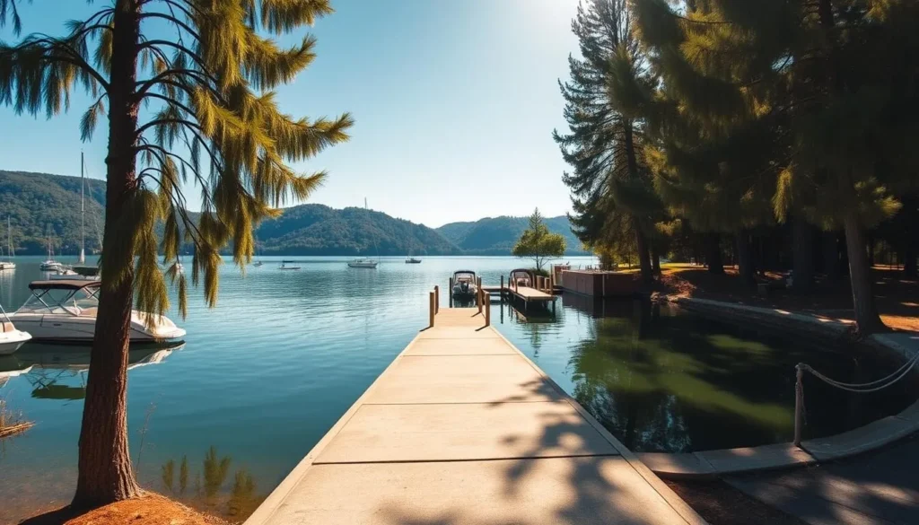 A picturesque boat ramp facility nestled along the serene shores of Lake Hennessy. In the foreground, a well-maintained concrete ramp leads gently into the calm, glistening waters. Moored boats dot the surface, their reflections mirroring the surrounding verdant hills and azure sky. Tall, swaying cypress trees frame the scene, casting dappled shadows across the area. A small, functional dock protrudes into the lake, providing easy access for launching and retrieving watercraft. The scene is bathed in warm, golden sunlight, creating a tranquil and inviting atmosphere perfect for a day of lakeside exploration.