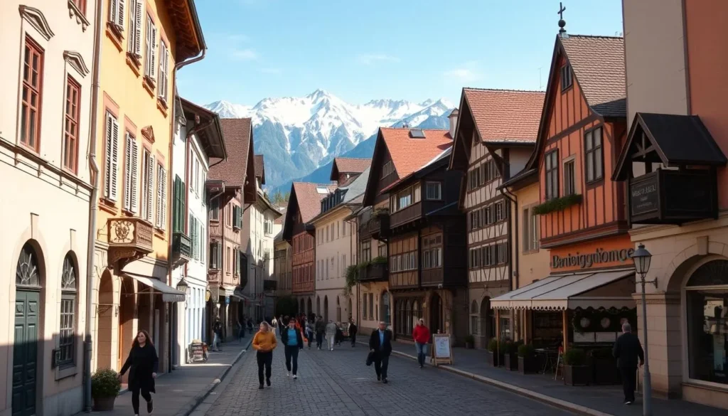 A picturesque car-free old town in Brig, Switzerland, on a pleasant sunny day. The narrow cobblestone streets are lined with charming traditional buildings, their colorful facades and ornate architectural details bathed in warm, golden light. Pedestrians leisurely stroll through the quaint town center, taking in the historic ambiance. In the background, the majestic Swiss Alps rise up, their snow-capped peaks framing the idyllic scene. A wide-angle lens captures the tranquil, pedestrian-friendly atmosphere, inviting the viewer to imagine wandering through this delightful car-free oasis.