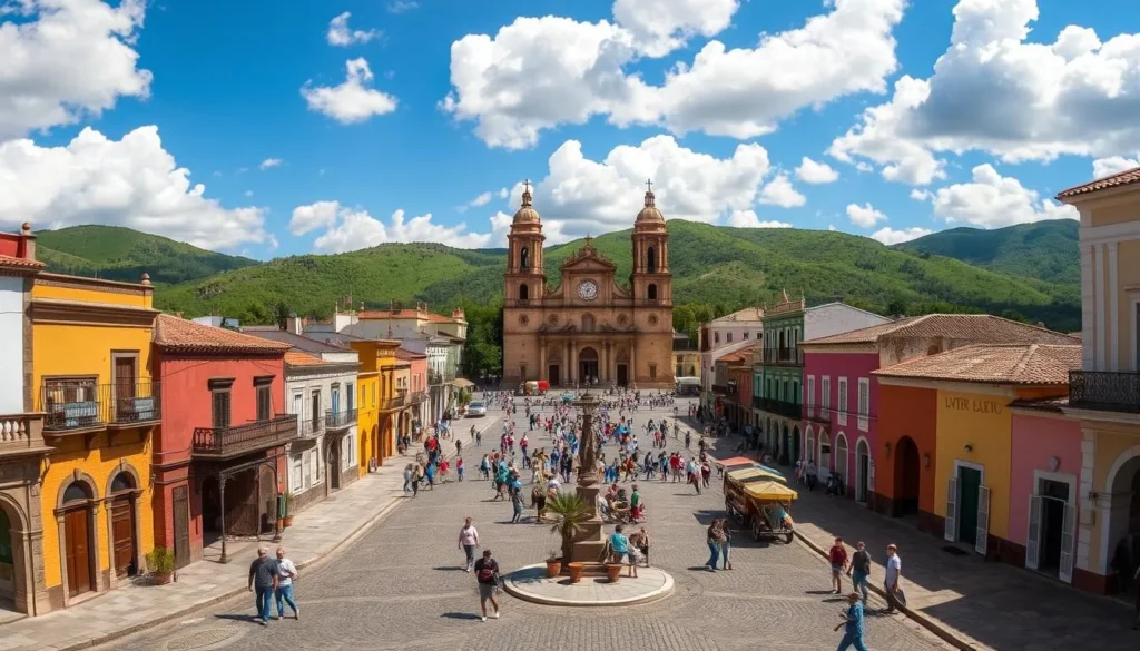 A picturesque city center in León de los Aldamas, Mexico, on a sunny day. In the foreground, cobblestone streets and quaint colonial-style buildings with vibrant facades and ornate architectural details. In the middle ground, a bustling plaza filled with locals and tourists gathered around a grand, historic cathedral with towering steeples. The background features lush green hills and a clear blue sky with fluffy white clouds, creating a serene and charming atmosphere. Capture the timeless beauty and vibrant energy of this cherished Mexican town through a wide-angle lens that showcases its captivating blend of old-world charm and modern vibrancy.