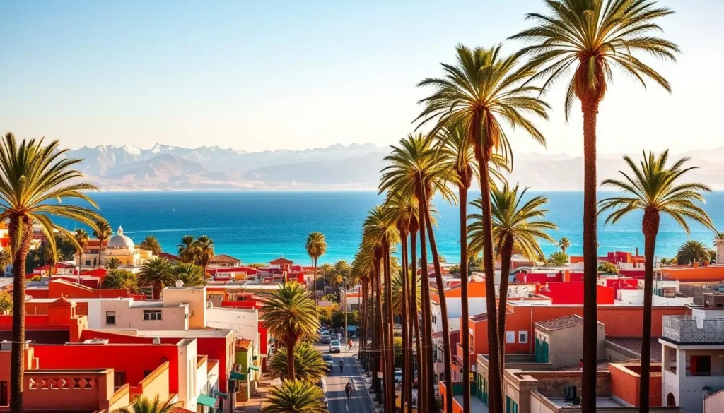 A picturesque cityscape of Agadir, Morocco's vibrant coastal gem, bathed in warm, golden sunlight. In the foreground, rows of colorful, low-rise buildings with traditional Moroccan architecture line the bustling streets. Tall, verdant palm trees sway gently, casting soft shadows. In the middle ground, the stunning Atlantic Ocean stretches out, its azure waters sparkling under the clear sky. In the distance, the majestic Atlas Mountains rise up, their snow-capped peaks creating a breathtaking backdrop. The scene exudes a sense of tranquility and vibrant energy, perfectly capturing the essence of this picturesque Moroccan city.
