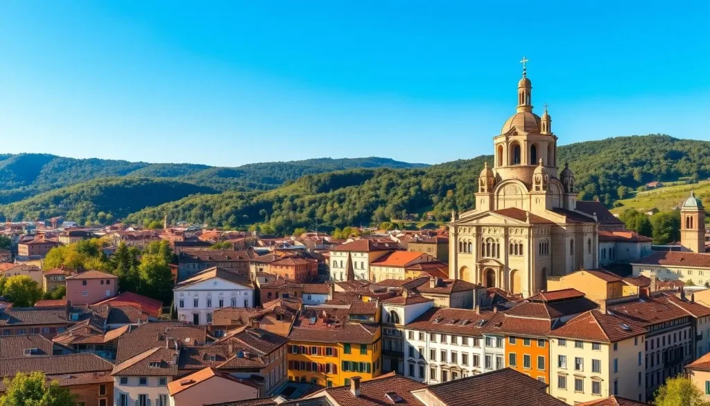 A picturesque cityscape of Busto Arsizio, showcasing its cultural highlights. In the foreground, the iconic Basilica di San Giovanni Battista stands tall, its majestic architecture bathed in warm, golden sunlight. In the middle ground, the charming historic buildings of the town center come into view, their facades adorned with intricate details and vibrant colors. The background is filled with lush, verdant hills and a clear, azure sky, creating a serene and inviting atmosphere. The scene is captured through a wide-angle lens, providing a comprehensive view of the city's most captivating landmarks and natural beauty.