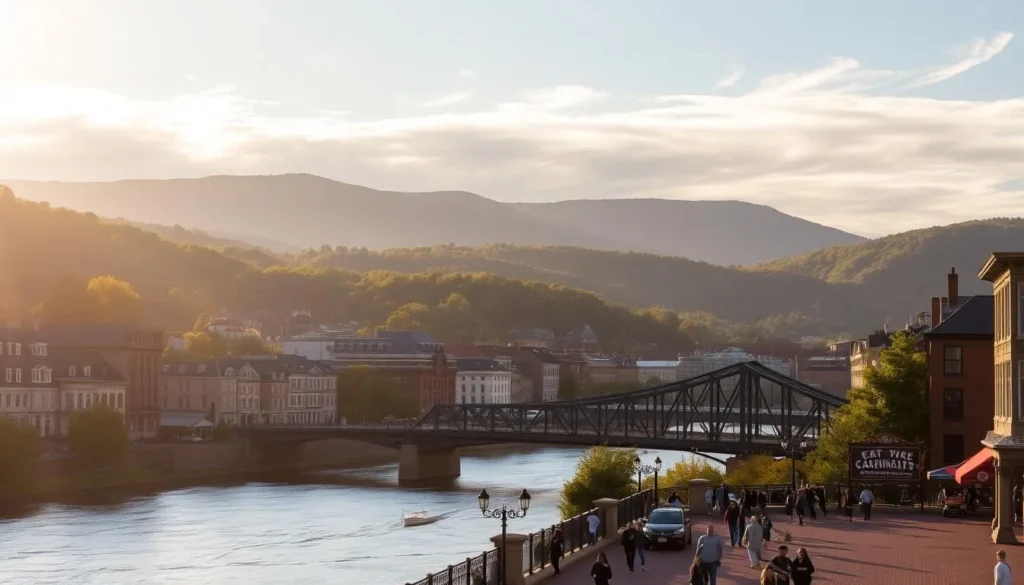 A picturesque cityscape of Charleston, West Virginia, nestled in the heart of the Appalachian Mountains. The historic downtown skyline is framed by rolling hills and lush greenery, with the Kanawha River winding through the center. Warm sunlight filters through wispy clouds, casting a soft, golden glow over the charming Victorian architecture and brick-paved streets. In the foreground, people stroll along the bustling riverfront, admiring the stunning scenery and the iconic bridge that connects the two sides of the city. The overall atmosphere is one of tranquility and small-town charm, inviting the viewer to explore this hidden gem nestled in the Appalachian wilderness.
