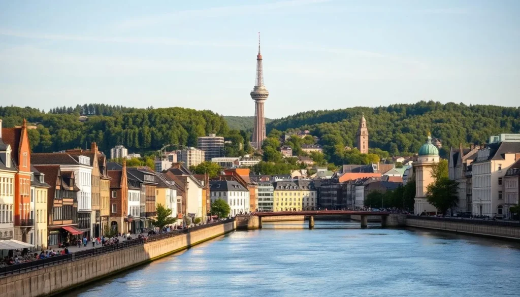 A picturesque cityscape of Düsseldorf, Germany, on a pleasant day. In the foreground, charming architecture lines the banks of the serene Rhine River, with people strolling along the promenade. In the middle ground, the iconic Rheinturm tower rises gracefully, surrounded by a mix of modern and historic buildings. The background features the lush green hills and trees that frame the city, bathed in warm, golden sunlight. The scene captures the city's elegant blend of modernity and timeless allure, inviting the viewer to discover Düsseldorf's captivating charm.