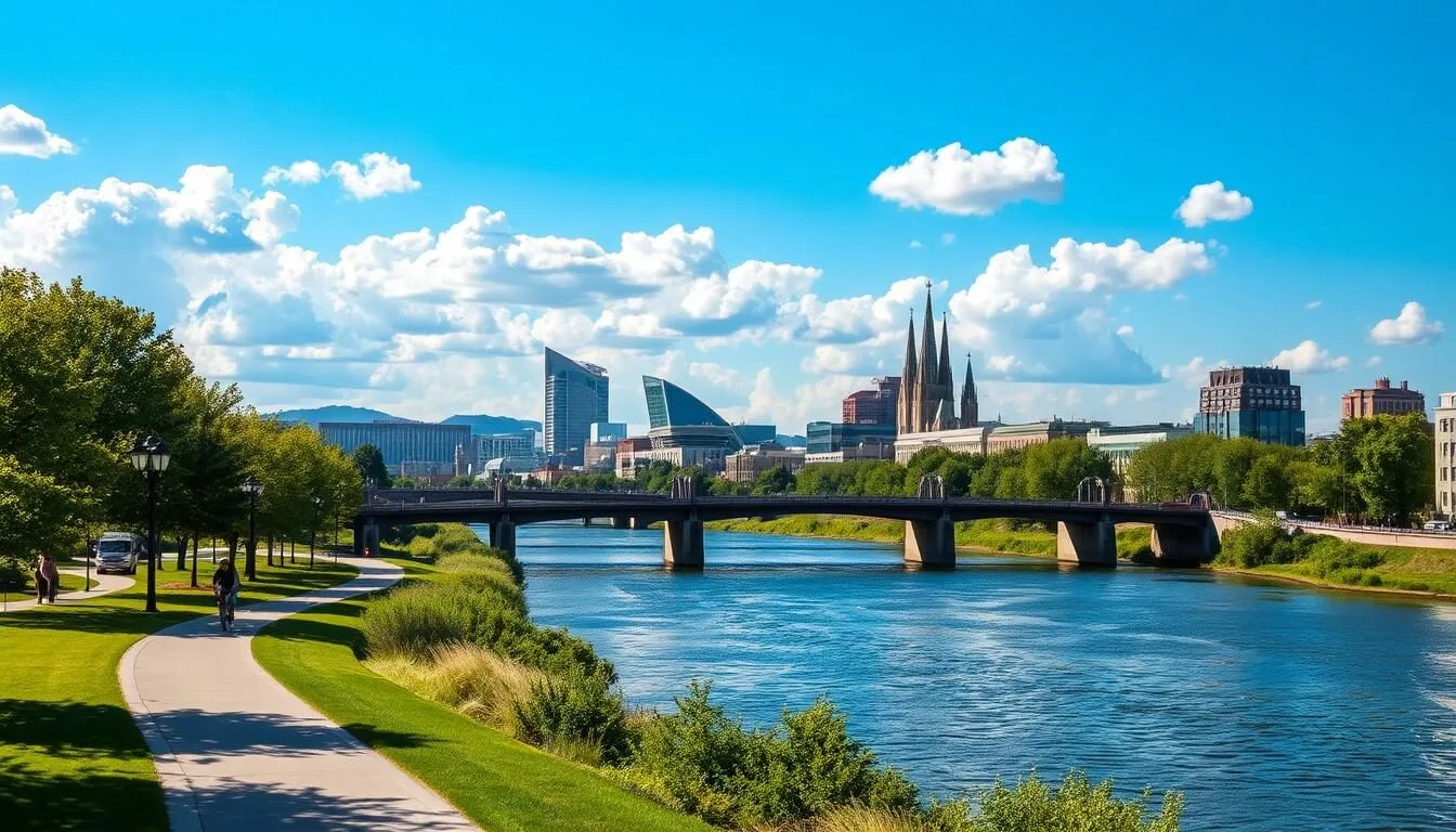 A picturesque cityscape of Grand Forks, North Dakota, on a bright, sunny day. In the foreground, the iconic Greenway Trail winds along the Red River, lined with lush greenery and people strolling or cycling. In the middle ground, the historic Sorlie Memorial Bridge spans the river, its distinctive architecture casting gentle shadows. Beyond, the downtown skyline rises, with the sleek, modern architecture of the North Dakota Museum of Art and the towering spires of the Church of the Assumption creating a striking visual contrast. The sky is a vibrant blue, with fluffy white clouds drifting overhead, and the overall scene exudes a sense of tranquility and urban charm.