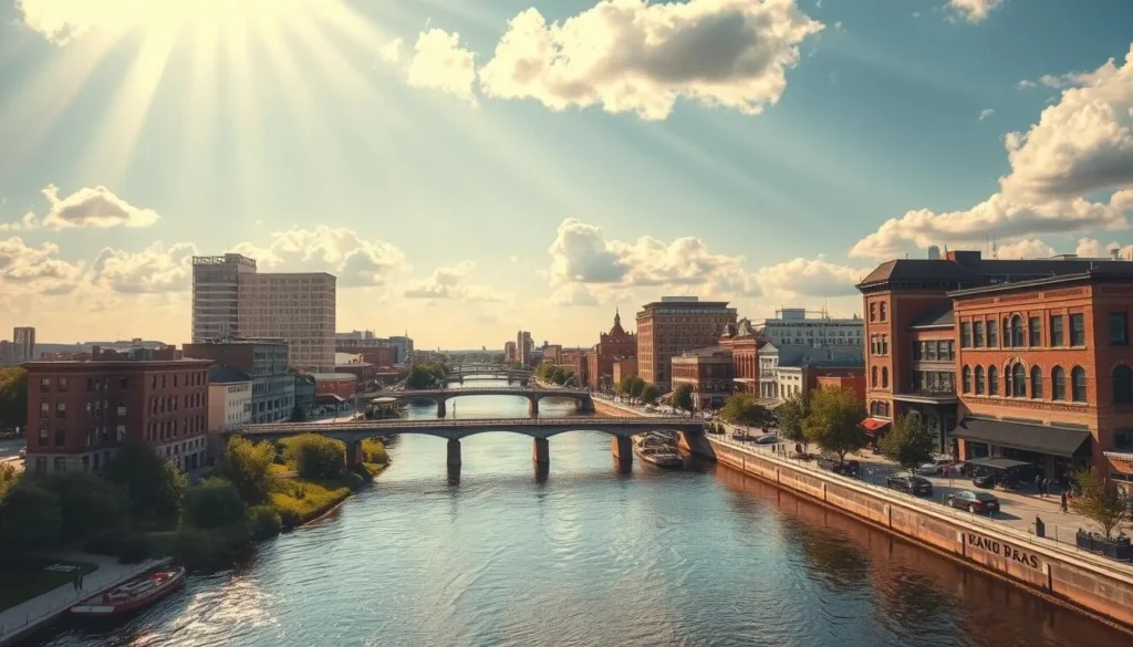 A picturesque cityscape of Grand Forks, North Dakota, on a pleasant summer day. Capture the charming blend of historic architecture and modern skyscrapers lining the banks of the meandering Red River. Showcase the iconic pedestrian bridge and the vibrant downtown district, bustling with local shops and cafes. Bathe the scene in warm, golden sunlight filtering through fluffy, white clouds. Convey a sense of tranquility and inviting atmosphere, inviting the viewer to explore the city's captivating character.