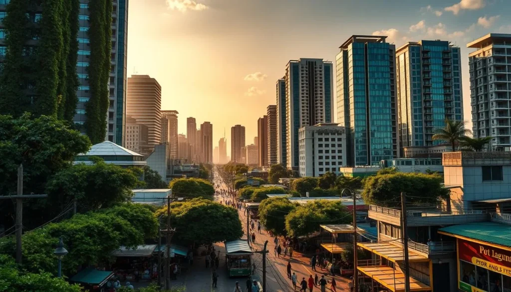 A picturesque cityscape of Port Harcourt, the "Garden City" of Nigeria. Soaring skyscrapers and modern high-rises punctuate the skyline, their glass facades glittering in the warm afternoon sun. Lush, verdant foliage cascades down the buildings, blending the urban and natural elements. In the foreground, bustling streets are lined with vibrant local markets, street vendors, and pedestrians going about their daily lives. The scene is bathed in a soft, golden light, creating a serene and inviting atmosphere. An aerial perspective captures the city's expansive layout, showcasing its carefully planned grid system and abundance of green spaces that earned it the "Garden City" moniker. The overall impression is one of a thriving, cosmopolitan metropolis that harmoniously coexists with its natural surroundings.