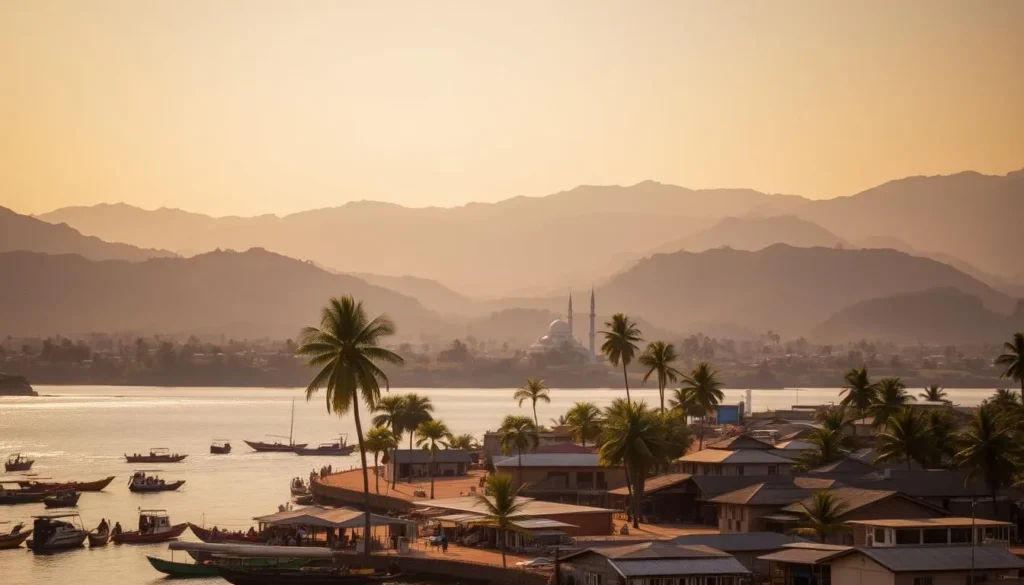 A picturesque cityscape of Uvira, nestled along the serene shores of Lake Tanganyika, under a warm, golden-hued sky. In the foreground, colorful boats dot the glistening waters, while bustling marketplaces and quaint, tin-roofed homes line the promenade. The middle ground features the city's vibrant heart, with towering palm trees swaying gently and the iconic domed structures of Uvira's mosques and churches rising majestically. In the background, the dramatic, rolling hills of the Mitumba Mountains create a stunning natural backdrop, their peaks bathed in soft, diffused light. The overall scene conveys a sense of tranquility and timeless charm, inviting the viewer to discover the hidden gems of this enchanting eastern Congolese city.