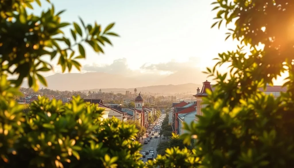A picturesque cityscape of Xalapa, Mexico, bathed in warm, golden sunlight. In the foreground, lush, verdant foliage frames the view, creating a serene and inviting atmosphere. The middle ground features a bustling street lined with colorful, colonial-style buildings, their facades adorned with intricate architectural details. In the background, the silhouettes of majestic mountains rise, their peaks capped with fluffy, white clouds. The scene exudes a sense of tranquility and vibrant local culture, perfectly capturing the essence of "Xalapa travel" and the practical tips for visiting this charming destination.
