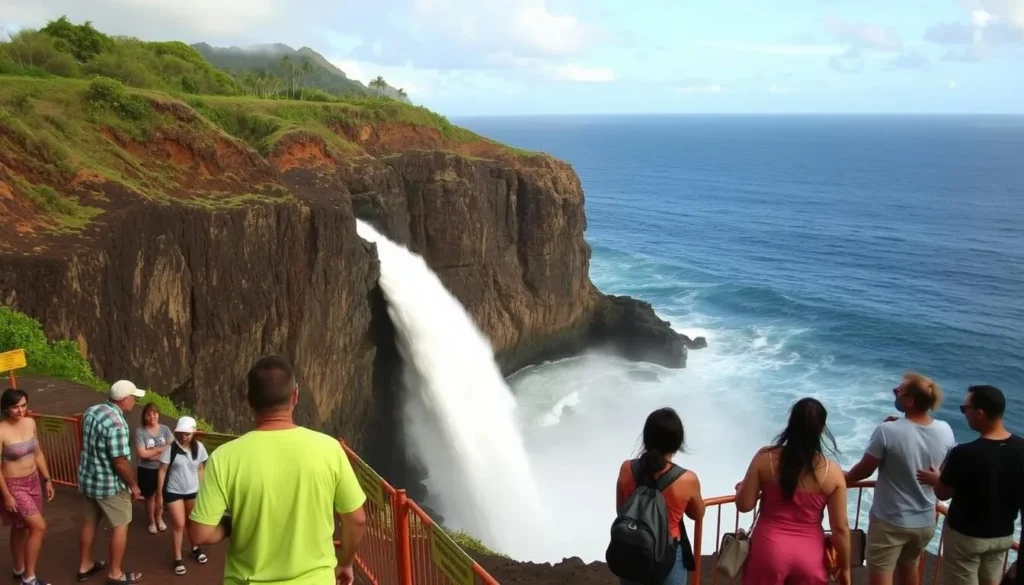 A picturesque cliffside scene at Halona Blowhole, Oahu, Hawaii. In the foreground, visitors observe safety precautions, standing a safe distance from the blowhole's edge. Brightly colored warning signs and fences guide them. The middle ground showcases the majestic blowhole, its powerful jets of water and sea spray captured in motion. In the background, the tranquil Pacific Ocean stretches out, framed by lush, verdant cliffs. Warm, soft lighting illuminates the scene, creating a sense of natural beauty and wonder. The overall atmosphere conveys the importance of responsible exploration and appreciation of this natural wonder.