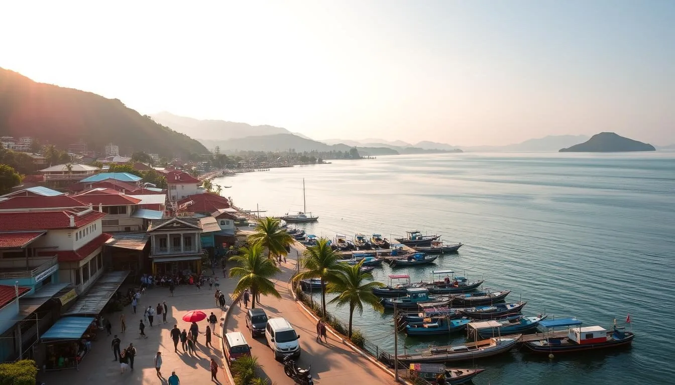 A picturesque coastal city nestled between lush hills and the azure waters of the Gulf of Thailand. Songkhla's historic old town, with its charming shophouses and colorful temples, is bathed in warm, golden sunlight. In the foreground, locals and tourists stroll along the bustling promenade, admiring the vibrant fishing boats docked at the harbor. The middle ground features the iconic Songkhla Lake, its serene surface reflecting the surrounding mountains. The background showcases Samila Beach, its white sandy shores and swaying palm trees creating a serene, tropical atmosphere. Capture this quintessential Thai coastal city in all its natural beauty, with a sense of tranquility and lively activity.