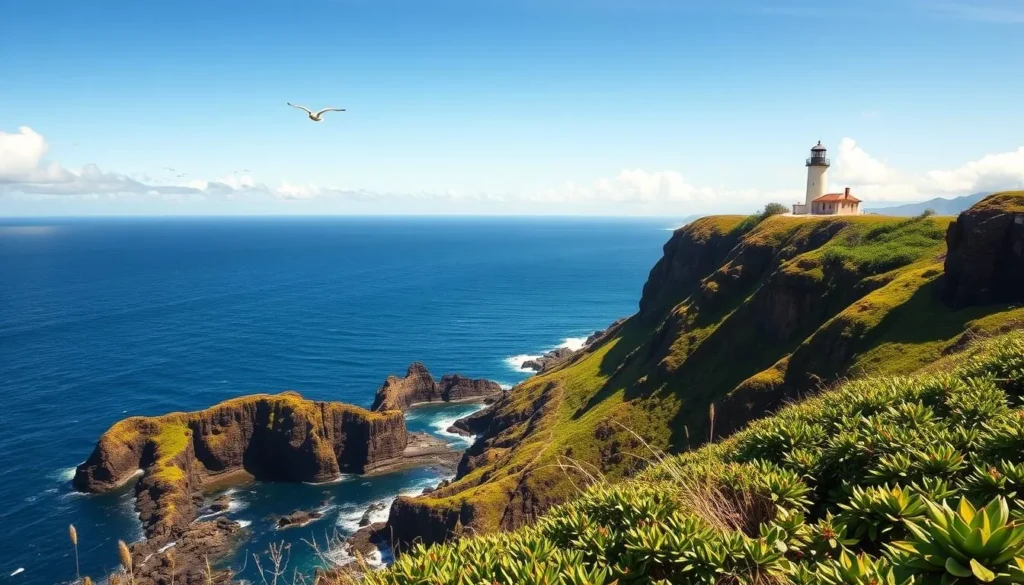 A picturesque coastal landscape of Kilauea Point National Wildlife Refuge on the island of Kauai, Hawaii. Capture the stunning natural scenery with a wide-angle lens - rugged cliffs, lush greenery, and the vast Pacific Ocean in the background. Depict a bright, sunny day with warm, directional lighting casting long shadows. Showcase the serene, tranquil atmosphere of the protected wildlife sanctuary. Include details like native Hawaiian flora, birds soaring overhead, and the iconic lighthouse standing tall on the headland. Compose the scene to highlight the natural beauty and the sense of remote, untouched wilderness that defines this remarkable refuge.