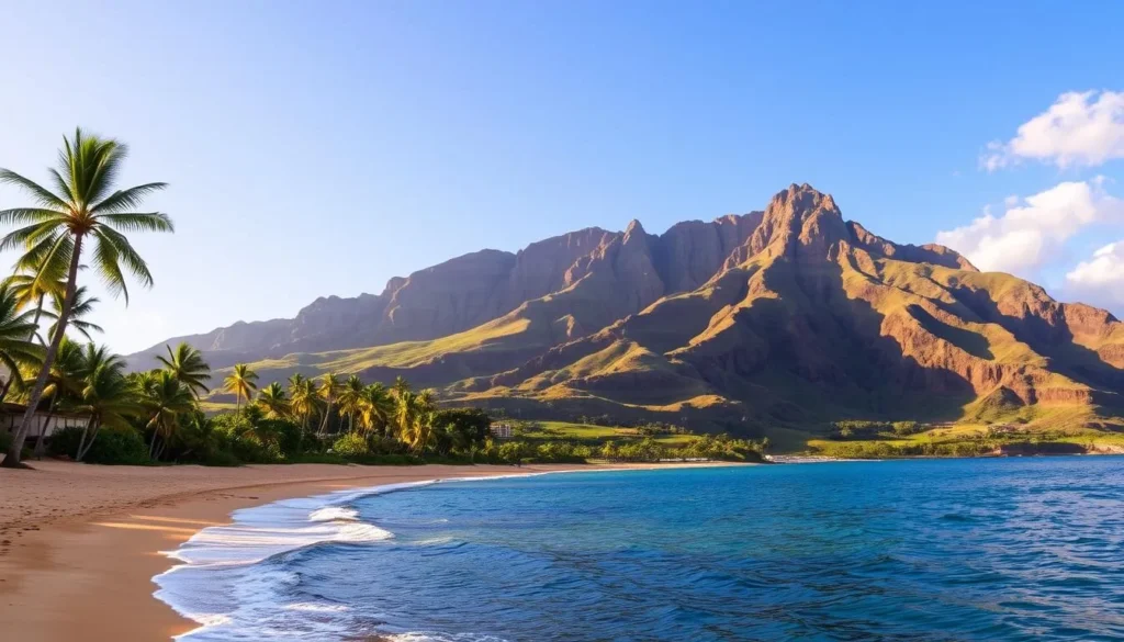 A picturesque coastal landscape of Oahu's eastern shore, near the iconic Sandy Beach. The foreground features the gently lapping waves and a stretch of golden sand dotted with palm trees swaying in the light breeze. In the middle ground, lush green hills and valleys rise up, interrupted by hiking trails and scenic lookout points. The background showcases the majestic silhouette of Diamond Head, its slopes bathed in warm, golden sunlight. The scene exudes a serene, tranquil atmosphere, inviting visitors to explore the natural beauty and outdoor activities that await in this tropical paradise.