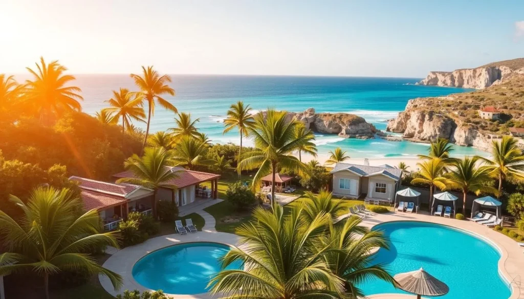 A picturesque coastal resort nestled amidst lush tropical foliage, Coral Bay Accommodation offers breathtaking views of the turquoise waters and pristine white sand beaches. Capture the serene ambiance with a wide-angle lens, showcasing the charming bungalows and villas surrounded by swaying palm trees. Bathe the scene in warm, golden sunlight, creating a welcoming and inviting atmosphere. In the foreground, notice the inviting pool area where guests can relax and unwind, while the middle ground features the well-appointed guest rooms with their modern amenities. In the background, the stunning azure ocean and rugged cliffs provide a dramatic and picturesque backdrop, completing the quintessential Coral Bay experience.