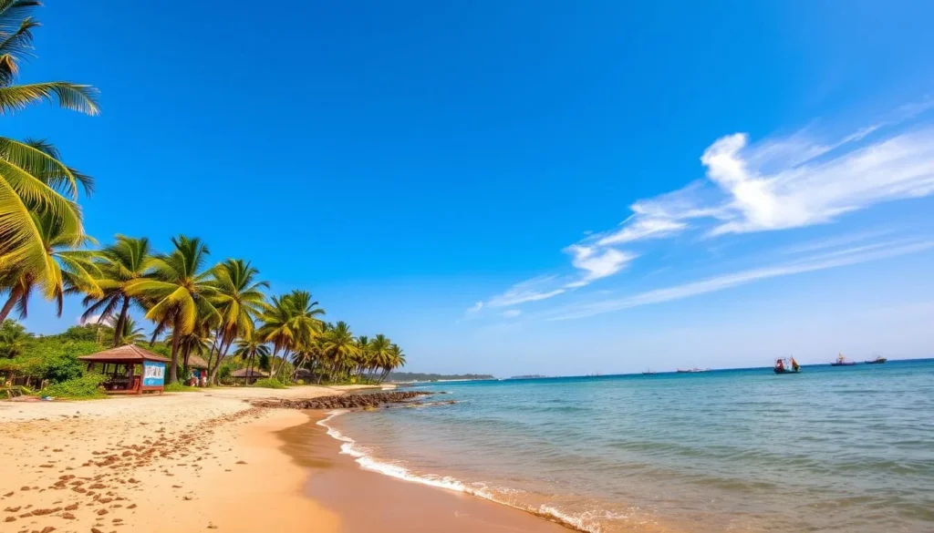 A picturesque coastal scene in Sekondi-Takoradi, Ghana, on a warm, sunny day. The tranquil waters of the Gulf of Guinea gently lap against the sandy shores, with palm trees swaying in the gentle breeze. In the distance, fishing boats dot the horizon, their colorful sails catching the light. The clear sky is a vibrant blue, with a few wispy clouds drifting overhead. The atmosphere is serene and inviting, capturing the essence of this West African city's pleasant weather patterns.