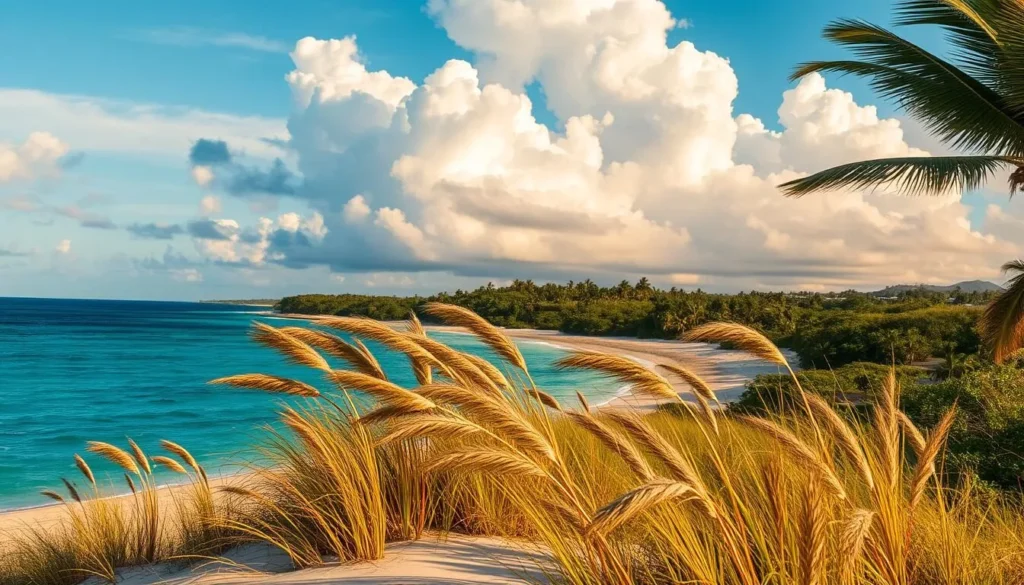 A picturesque coastal scene in Tuvalu, with gentle breezes rustling the palm fronds and rippling the azure waters of the South Pacific. In the foreground, wind-sculpted sand dunes and beachgrass sway gracefully. The middle ground features a lush, verdant landscape of tropical foliage, while the background showcases dramatic, cumulus-dotted skies bathed in warm, golden sunshine. The overall mood is one of tranquility and natural harmony, perfectly capturing the seasonal wind patterns that shape the island's unique climate.