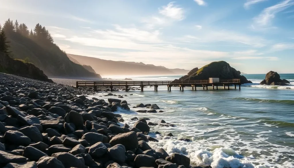 A picturesque coastal scene in Yachats, Oregon, showcasing the tide tables. The foreground features the rocky shoreline, with the rhythmic ebb and flow of the waves crashing against the stones. In the middle ground, a wooden pier extends into the Pacific Ocean, providing a vantage point for observing the tides. The background is a panoramic view of the rugged cliffs and lush, verdant headlands that characterize the Yachats coastline, bathed in warm, golden sunlight. The sky is clear with wispy clouds, creating a serene and tranquil atmosphere. Capture the essence of Yachats' natural beauty and the importance of understanding the tidal patterns for visitors and residents alike.