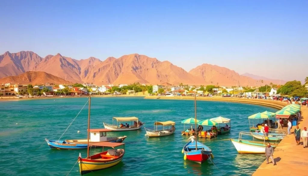 A picturesque coastal town in Djibouti, sun-drenched and vibrant, with locals strolling along the harbor promenade. In the foreground, traditional fishing boats bob gently on the turquoise waters. Colorful umbrellas and market stalls dot the middle ground, offering a glimpse of the local culture. In the background, rugged mountains rise majestically, their peaks bathed in warm, golden light. The scene exudes a sense of tranquility and invites the viewer to imagine the best time to visit this enchanting destination.