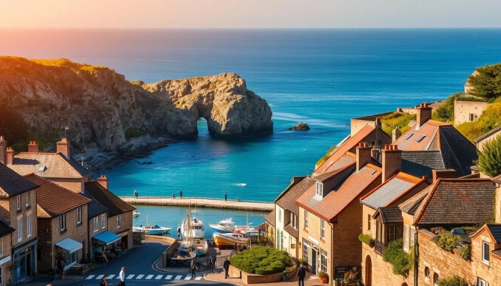 A picturesque coastal town nestled along the rugged Brittany shoreline, bathed in warm golden sunlight. In the foreground, a charming harbor lined with colorful fishing boats and historic stone buildings. Pedestrians stroll along the cobblestone streets, pausing to admire the local artisan shops and cafés. In the middle ground, the dramatic granite cliffs and jagged rock formations rise up, their weathered surfaces glistening. In the distance, the vast, azure Atlantic Ocean stretches out to the horizon, dotted with rocky islets. A sense of timeless, rustic elegance and tranquility pervades the scene, capturing the essence of Brittany's unique coastal allure.