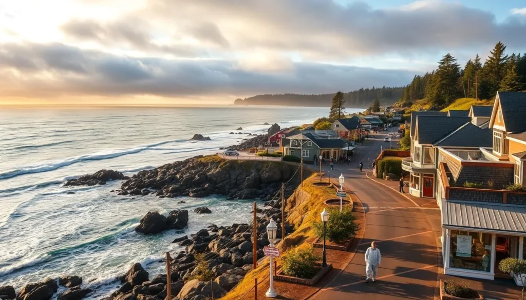 A picturesque coastal town nestled along the rugged shores of the Pacific Northwest, Yachats, Oregon shines as a gem on the Oregon Coast. Capture the tranquil waves lapping against the rocky headlands, the lush greenery of Siuslaw National Forest framing the horizon, and the charming streets lined with quaint shops and cafes. Utilize a wide-angle lens to showcase the town's idyllic setting, with warm, golden sunlight filtering through the clouds and illuminating the scene. Convey a sense of peaceful exploration, where visitors can discover the natural beauty and small-town character that make Yachats a true coastal paradise.