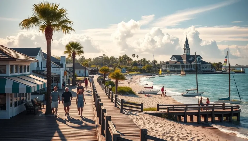 A picturesque coastal town nestled along the shimmering Gulf of Mexico, Ocean Springs, Mississippi radiates a charming, laid-back atmosphere. Capture the essence of this enchanting locale with a sun-dappled scene of the beachfront promenade, its wooden boardwalk leading past quaint boutiques and seafood restaurants. In the foreground, beachgoers stroll leisurely, while in the middle ground, vibrant sailboats dot the turquoise waters. The background features the historic Walter Anderson Museum, its distinct architecture blending seamlessly with the lush, palmetto-dotted landscape. Warm, golden light filters through wispy clouds, casting a serene, welcoming glow over the entire vista. Convey the inviting, relaxed spirit of this coastal gem through a meticulously crafted, photorealistic image.