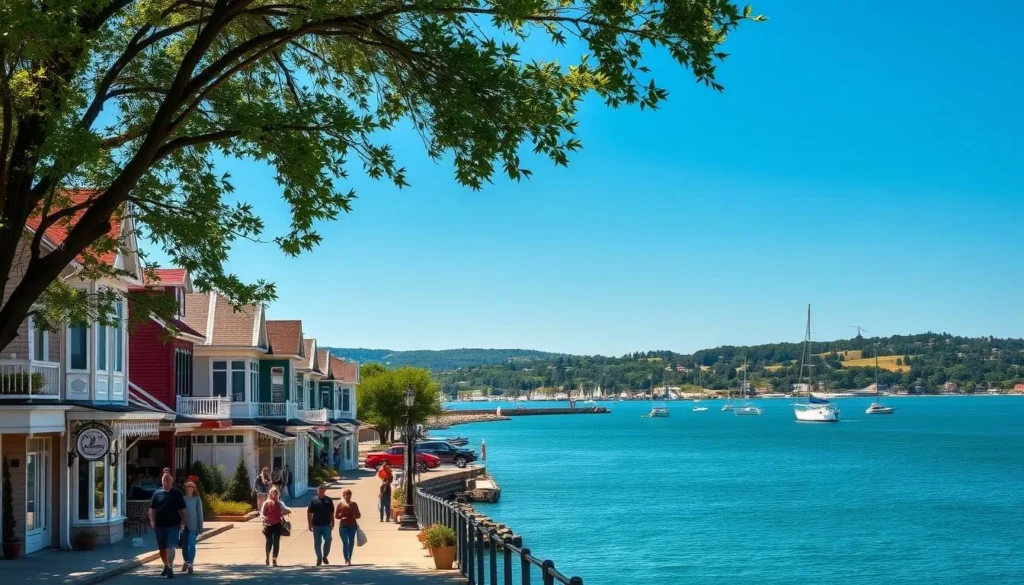 A picturesque coastal town nestled along the shores of Lake Erie, with charming Victorian-style buildings lining the waterfront. A gentle breeze rustles the trees, casting dappled light onto the quaint streets. In the foreground, people stroll along the promenade, taking in the stunning lake views. Further back, sailboats and yachts dot the calm, azure waters, while the distant horizon is framed by rolling hills and a clear, azure sky. The overall scene exudes a sense of tranquility and small-town character, inviting the viewer to imagine exploring the cozy shops, cafes, and historic landmarks of this quintessential Lake Erie shoreline town.