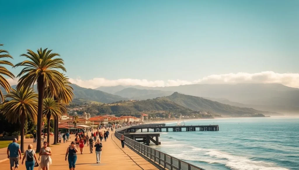 A picturesque coastal town nestled between the Santa Ynez Mountains and the Pacific Ocean, Santa Barbara shines in warm, golden sunlight. Stroll along the iconic pier, admiring the swaying palm trees, the historic Spanish-style architecture, and the glittering waters of the American Riviera. In the foreground, people leisurely wander, capturing the moment with their cameras. The middle ground features lush, verdant hills dotted with Mission-style buildings and terracotta roofs. In the distance, the majestic mountains rise, their peaks shrouded in wispy clouds. The scene radiates a sense of laid-back California charm and natural beauty.