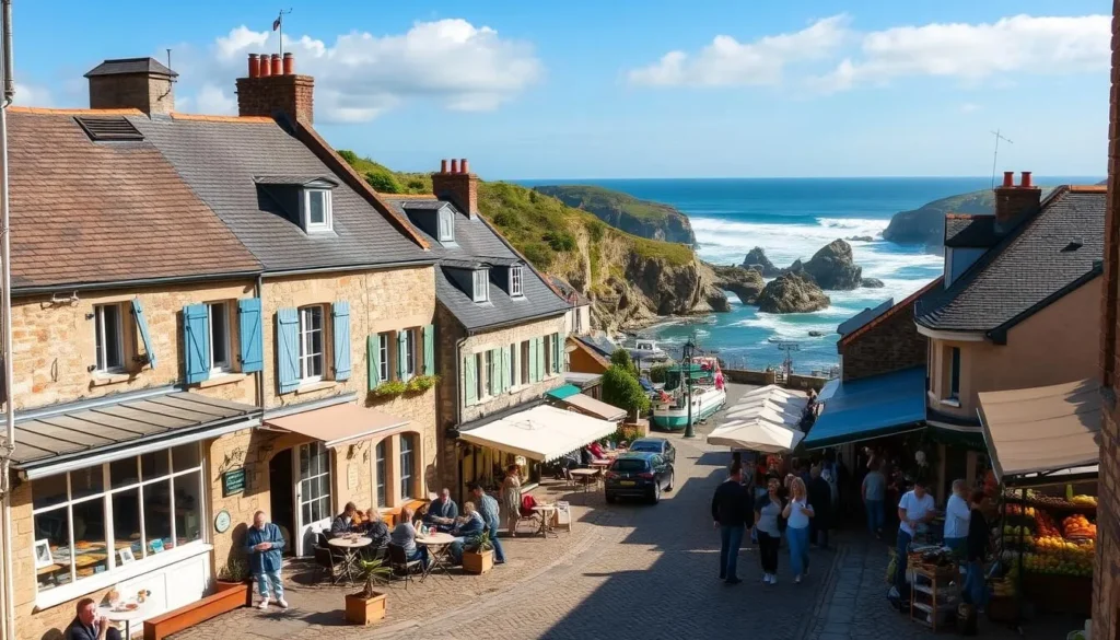 A picturesque coastal town nestled in the Brittany region of France, with traditional stone buildings, colorful shutters, and cobblestone streets. In the foreground, a quaint cafe bustles with locals and tourists sipping coffee and savoring local pastries. The middle ground showcases a bustling marketplace, where vendors sell fresh produce, artisanal goods, and Breton specialties. In the background, a dramatic seascape unfolds, with rugged cliffs, crashing waves, and a bright, cloudless sky. The scene is bathed in warm, golden sunlight, evoking a sense of tranquility and charm. A perfect day to explore the picturesque charm of Brittany.