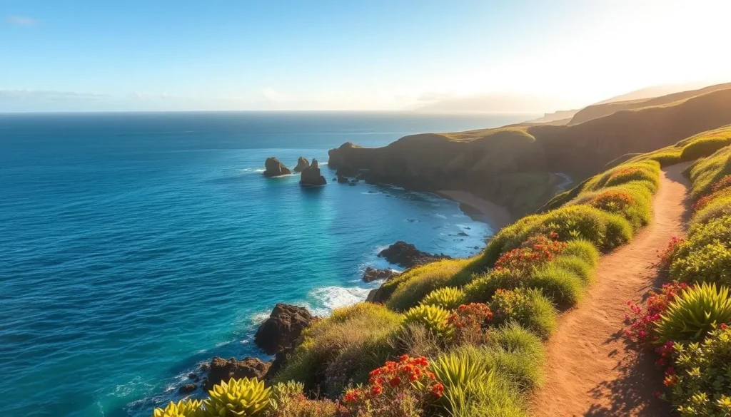 A picturesque coastal trail winds along the rugged shoreline of Kapalua, Maui. In the foreground, sun-dappled lush greenery and vibrant native flora line the well-maintained path. The middle ground showcases dramatic cliffs and rocky outcroppings, their weathered textures complemented by the gentle lapping of azure waves. In the background, the vast Pacific Ocean stretches out to the horizon, its deep blue hues transitioning to a soft, hazy sky. Warm, golden sunlight filters through the scene, creating a serene and inviting atmosphere. Capture the essence of this stunning Maui landscape in a high-resolution, realistic digital painting.