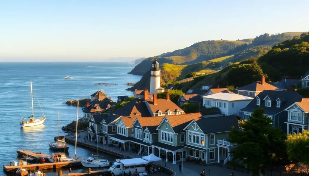 A picturesque coastal village nestled along the rugged Mendocino shoreline, with quaint Victorian-style buildings lining the harbor. Boats gently sway in the calm waters as the warm afternoon sun casts a golden glow over the scene. In the foreground, charming storefronts and cafes invite visitors to explore the charming seaside town. The middle ground features a historic lighthouse standing tall, guiding ships along the rocky cliffs. In the distance, rolling hills covered in lush greenery meet the azure Pacific Ocean, creating a serene and inviting atmosphere. The overall mood is one of tranquility and timeless coastal beauty.