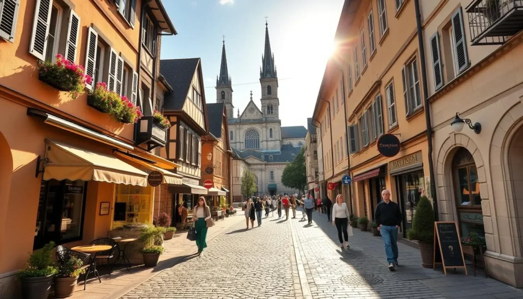 A picturesque cobblestone street in the heart of Solothurn, Switzerland, lined with charming historic buildings adorned with flower-filled window boxes. A quaint cafe terrace spills out onto the sidewalk, where locals sip coffee and converse. In the background, the majestic baroque cathedral towers over the scene, its ornate architecture bathed in warm, golden sunlight. Pedestrians stroll leisurely, exploring the hidden gems and unique boutiques that dot this charming old town. Capture the tranquil, unhurried atmosphere of this off-the-beaten-path gem, where time seems to slow down and invite visitors to savor the beauty of Solothurn.