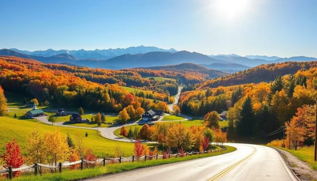 A picturesque country road winding through lush, rolling hills, dotted with quaint New England towns. In the distance, the majestic peaks of the White Mountains rise against a clear, azure sky. Sunlight filters through the canopy of vibrant autumn foliage, casting a warm, golden glow over the scene. Charming historic landmarks, cozy cafes, and family-owned farms invite exploration, while scenic hiking trails and tranquil lakes offer opportunities for outdoor adventure. This inviting landscape captures the essence of the best day trips from the vibrant city of Nashua, New Hampshire.