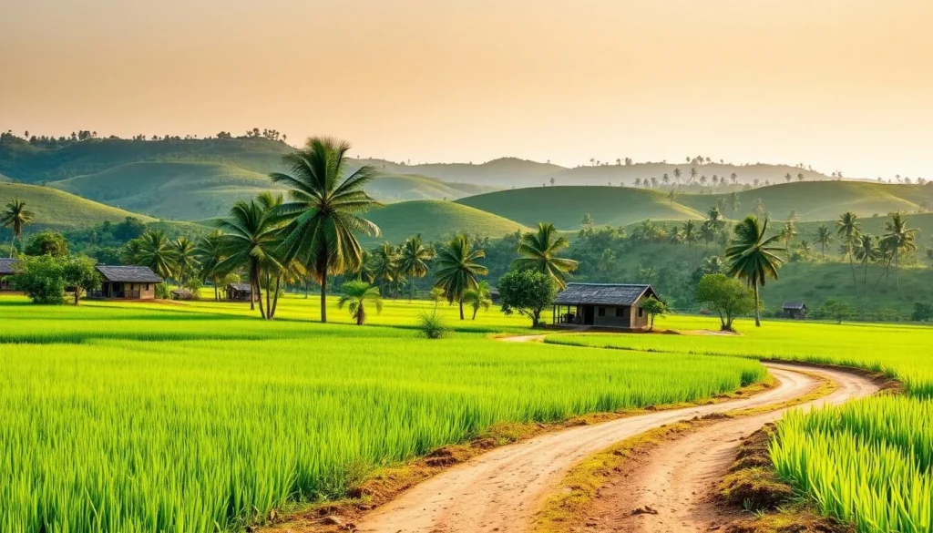 A picturesque countryside scene in Kampong Cham, Cambodia, with rolling hills, lush greenery, and traditional wooden houses dotting the landscape. In the foreground, a winding dirt path leads through a field of vibrant rice paddies, their emerald hues glistening in the warm, golden sunlight. In the middle ground, clusters of palm trees sway gently, their fronds casting soft shadows on the ground below. The background is dominated by a series of undulating hills, their slopes covered in a patchwork of verdant vegetation and scattered orchards. The overall atmosphere is one of tranquility and rural charm, inviting the viewer to immerse themselves in the timeless beauty of this idyllic Cambodian countryside.