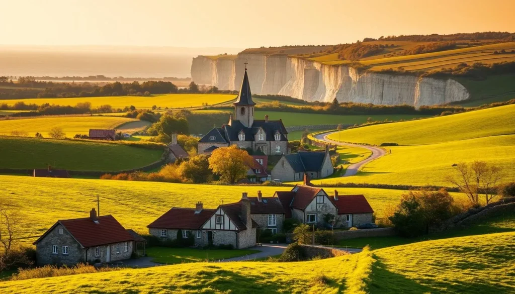 A picturesque countryside scene in the Normandy region of France, bathed in warm, golden afternoon light. In the foreground, rolling green hills dotted with charming stone farmhouses and quaint cottages, their red-tiled roofs and whitewashed walls reflecting the sun. In the middle ground, a winding country road leads the eye towards a small, medieval village with a towering church steeple, its bell tower casting long shadows across the tranquil streets. In the distance, the dramatic cliffs of the Normandy coast rise up, their chalky white faces framed by the lush, verdant foliage of the surrounding countryside. The overall scene exudes a timeless, picturesque quality, capturing the essence of the region's pastoral beauty and historic allure.