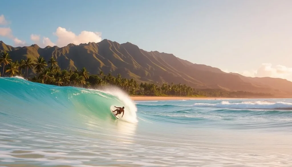 A picturesque day at Hamoa Beach, Maui, where the crystal-clear turquoise waters meet the golden sand. In the foreground, a skilled surfer rides a towering wave, their board carving through the swell with grace and power. The middle ground reveals a scenic coastline dotted with lush palm trees, framing the serene scene. In the background, the verdant slopes of the Hawaiian mountains rise majestically, providing a stunning natural backdrop. The lighting is warm and golden, casting a dreamy, inviting atmosphere over the entire landscape. Capture the essence of this beautiful and iconic Hawaiian beach, showcasing the perfect conditions for an unforgettable surfing experience.