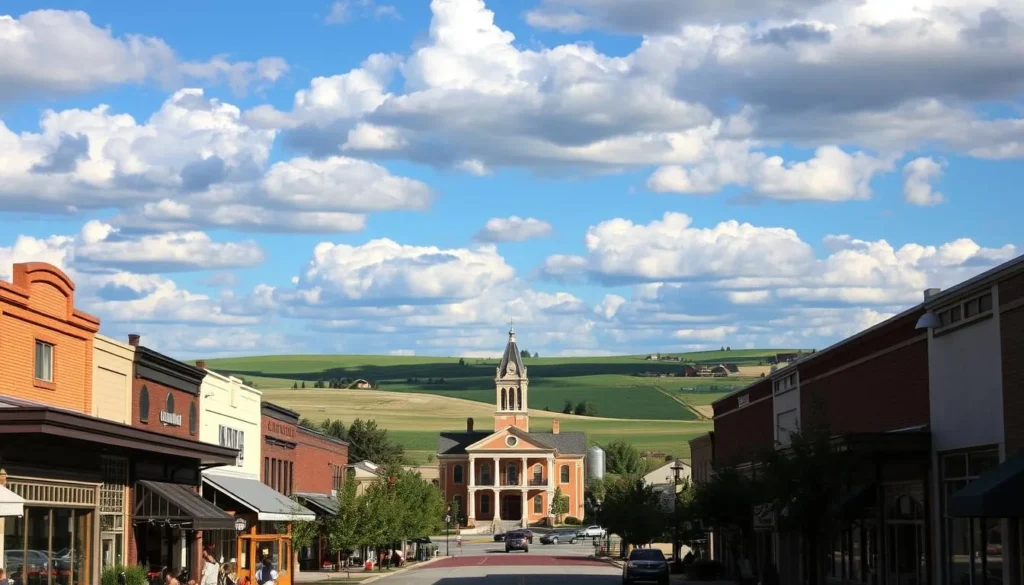 A picturesque day in Lexington, Nebraska. In the foreground, a bustling town square with quaint shops and cafes, their facades adorned with charming details. In the middle ground, a stately courthouse stands proud, its classic architecture bathed in warm, golden light. Beyond, rolling hills and lush farmlands stretch out, dotted with silos and barns, creating a serene, pastoral scene. The sky is a brilliant blue, with fluffy white clouds drifting overhead, casting gentle shadows on the landscape. The overall atmosphere is one of small-town charm and Midwestern tranquility, inviting the viewer to explore the unique attractions and hidden gems of Lexington.